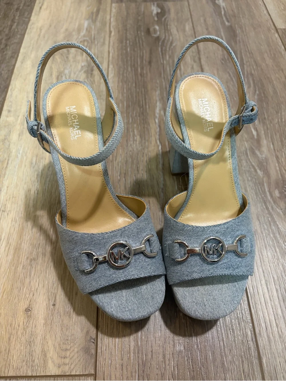 Michael Kors Light Blue Denim Platform Block Heel Sandals